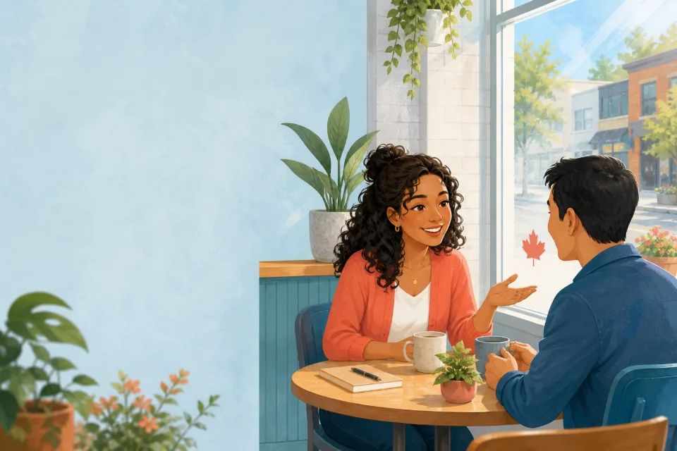 Illustrated BonjourPro scene: two people meeting and greeting each other in French.