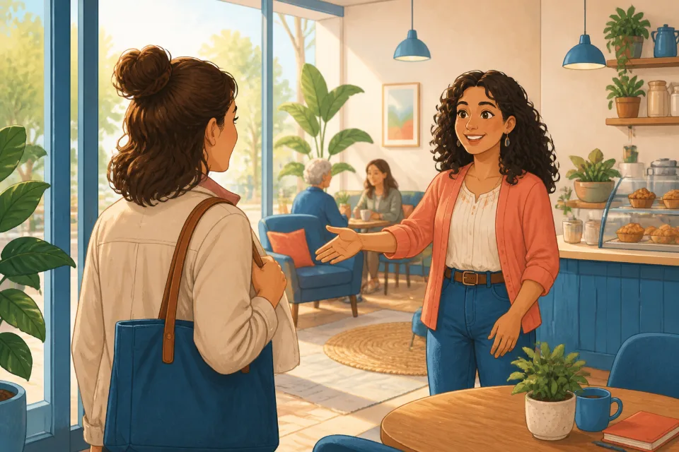 Illustrated scene: two people meeting for the first time and introducing themselves in French.